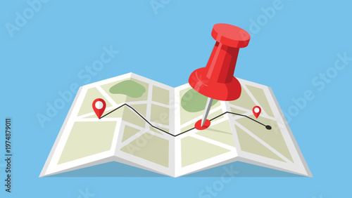 Folded paper map showing a navigation route with location pins and a large red push pin over a light blue background.