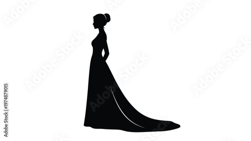 Elegant silhouette of a bride in a long flowing wedding dress standing in profile against a clean white background.