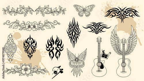 Assorted collection of black ink tattoo designs including tribal patterns, floral borders, butterflies, and winged guitars on a beige background.