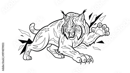 Detailed black and white line art illustration of a powerful lynx or wild cat pouncing and breaking through an abstract surface.