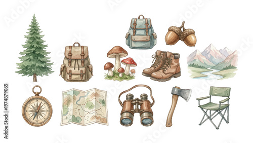 Watercolor Camping & Hiking Clipart Set — 11 Outdoor Adventure Gear & Nature Elements 