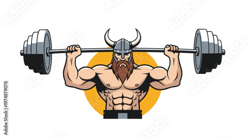 Powerful muscular viking warrior with a horned helmet and long beard lifting a heavy barbell over his head against a yellow sun.