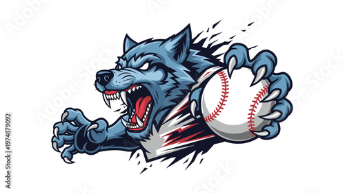 Ferocious blue werewolf mascot with sharp teeth and claws holding a baseball and breaking through an unseen barrier with speed.