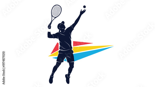 Dark blue silhouette of a female tennis player performing a high serve with colorful geometric shapes in the background.