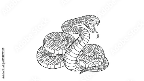 Detailed black and white line drawing of a coiled venomous snake with its mouth open and fangs exposed in a striking pose.