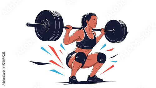 Strong athletic woman wearing a black sports top and shorts performing a heavy barbell back squat with dynamic energy lines.