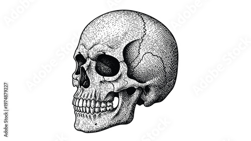 Highly detailed black and white vintage engraving of a human skull viewed from a three quarter perspective on a white background.