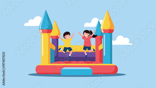 Joyful illustration of a young boy and girl jumping with excitement inside a colorful inflatable bouncy castle against a blue sky.