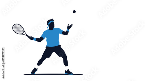 Clean silhouette of a male tennis player in a blue shirt preparing to hit a high tennis ball with his racket during a game.