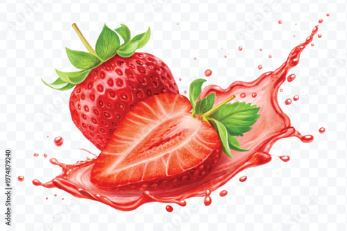 realistic fresh strawberry with red juice splash isolated on transparent background	
