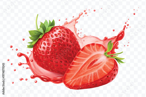 realistic fresh strawberry with red juice splash isolated on transparent background	
