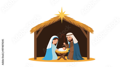 Traditional illustration of the nativity scene with Mary and Joseph watching over baby Jesus in a manger under a wooden stable.