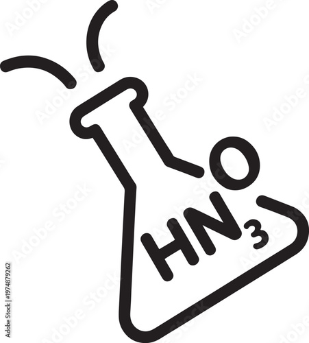 A simple black and white illustration of a chemical flask with nitric acid
