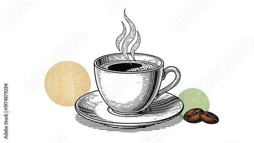 Detailed vintage style sketch of a cup of steaming hot coffee on a saucer with two roasted coffee beans and soft colored circles.