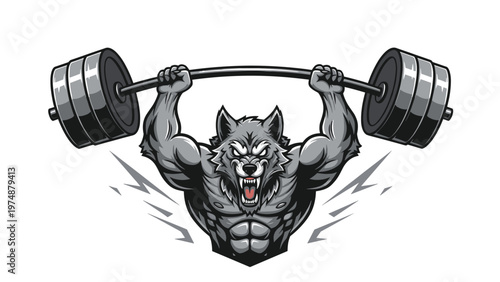 Powerful illustration of a muscular werewolf character lifting a heavy weighted barbell over its head with strength.