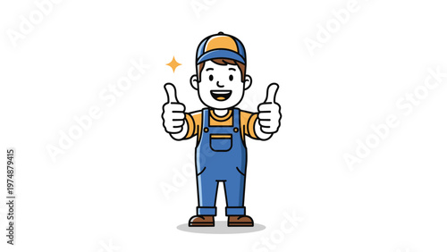 Friendly cartoon male worker in blue overalls and a cap giving a double thumbs up sign with a happy expression.
