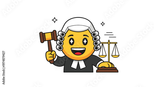 Happy emoji character dressed as a judge with a white wig holding a wooden gavel next to the scales of justice.