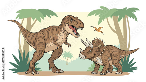 Scene of prehistoric dinosaurs with a t-rex and triceratops standing among tropical palm trees in a sunny jungle.