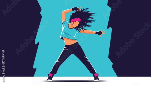 Stylized illustration of a young woman dancing hip hop style with messy hair against a bright blue background color.