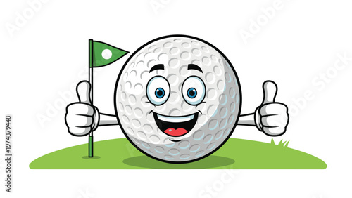 Fun cartoon golf ball character with a smiling face and arms giving two thumbs up standing on a green grassy field.