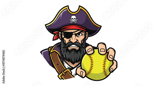 Tough pirate character with a black eyepatch and beard holding a yellow softball against a plain white background.