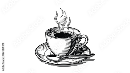 Classic black and white line art engraving of a steaming hot cup of morning coffee with a spoon on a saucer plate.