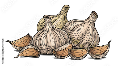 Detailed realistic drawing of a group of whole garlic bulbs with several separated cloves scattered around them.