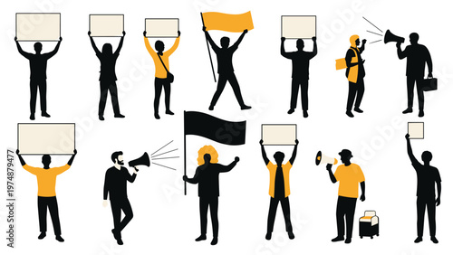Set of black and orange silhouettes representing people protesting with signs, megaphones, and flags in a group.