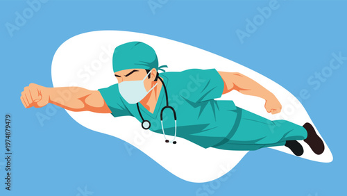 Male surgeon in green medical scrubs and face mask flying through the air like a brave superhero on a blue background.