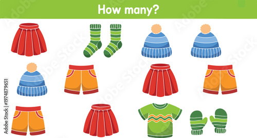 Educational counting game for children with winter clothing items and worksheet layout.