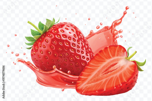realistic fresh strawberry with red juice splash isolated on transparent background	
