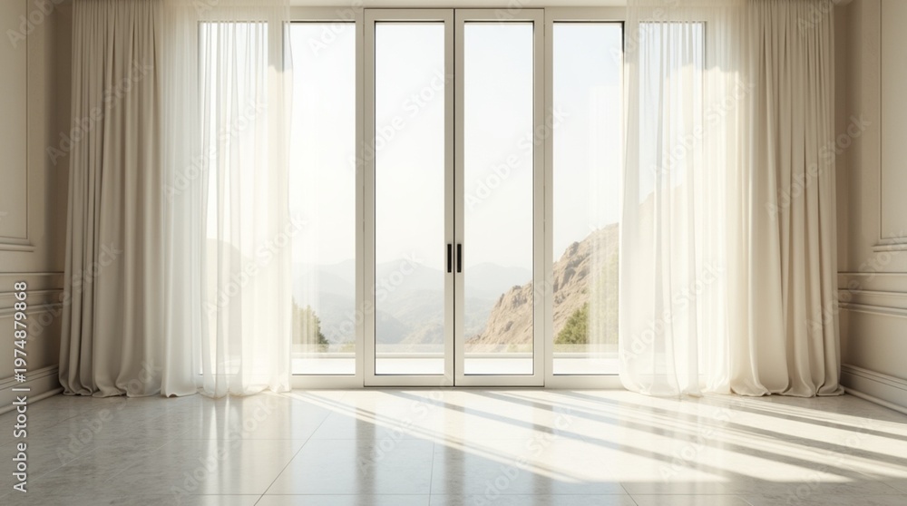 Obraz premium Tall floor-to-ceiling windows covered with flowing white sheer curtains, soft sunlight filtering through, creating gentle shadows