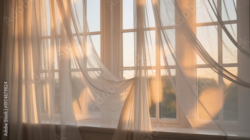 Tall floor-to-ceiling windows covered with flowing white sheer curtains, soft sunlight filtering through, creating gentle shadows