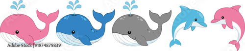 Cute whale and dolphin cartoon vector set with colorful aquatic marine mammals smiling ocean animals illustration collection
