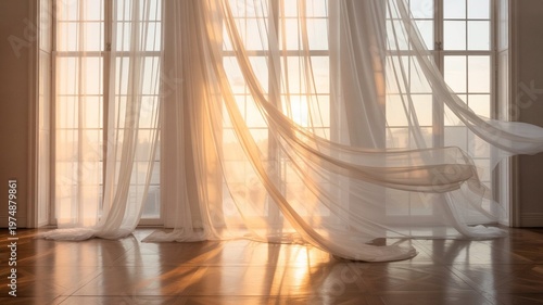 Tall floor-to-ceiling windows covered with flowing white sheer curtains, soft sunlight filtering through, creating gentle shadows