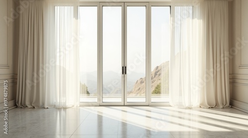 Tall floor-to-ceiling windows covered with flowing white sheer curtains, soft sunlight filtering through, creating gentle shadows