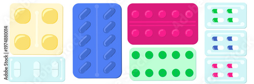 Comprehensive set of medical blister packs featuring various pill formats, including round lozenges, oval capsules, tablets, and capsule strips. Pharmaceutical packaging and healthcare products.