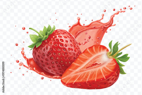 realistic fresh strawberry with red juice splash isolated on transparent background	
