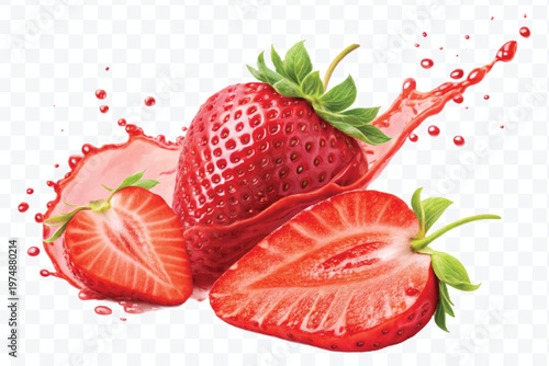 realistic fresh strawberry with red juice splash isolated on transparent background	
