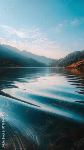 Mountain lake with gentle ripples, soft reflection of sky, calm natural colors