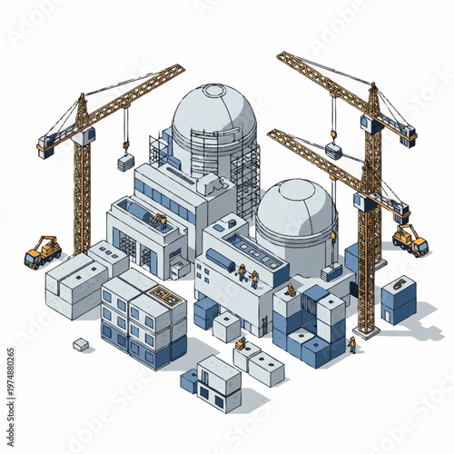 Isometric Nuclear Power Plant Construction Site with Cranes and Buildings.