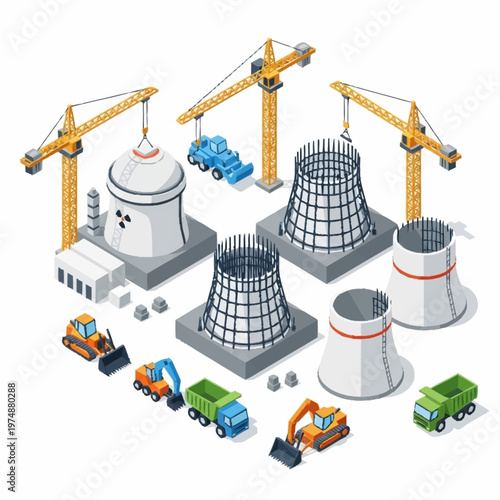Isometric Nuclear Power Plant Construction Site with Cranes and Vehicles.
