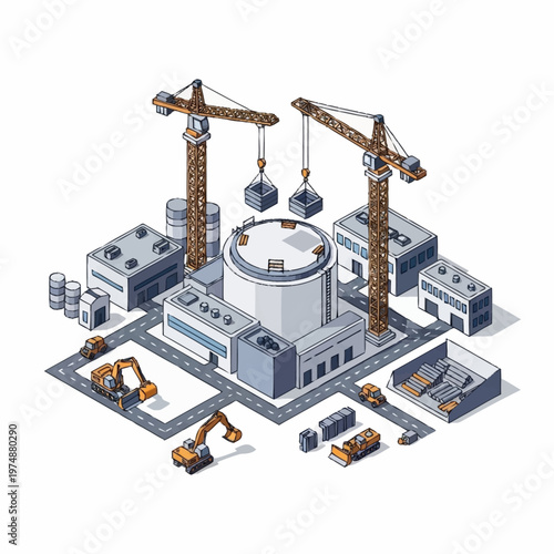 Isometric Nuclear Power Plant Construction Site with Cranes and Machinery.