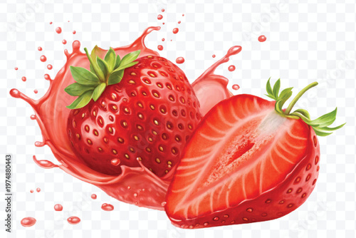 realistic fresh strawberry with red juice splash isolated on transparent background	
