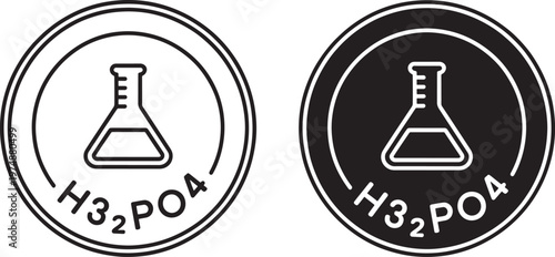 Two circular warning labels depicting a flask with h3po4 text