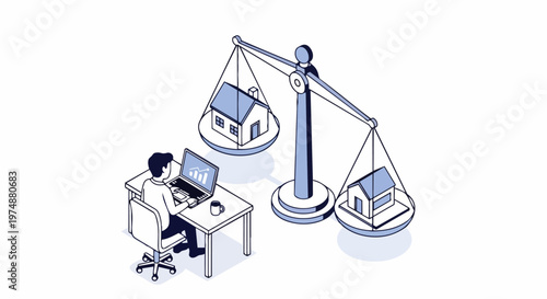 Isometric Real Estate Appraisal and Property Valuation Concept Illustration with Man Using Laptop and Houses on Weight Scales for Market Analysis and Investment