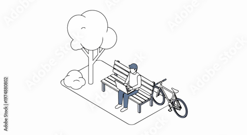 Isometric Line Art Illustration of a Man Working on Laptop in Park with Bicycle - Remote Work and Digital Nomad Concept