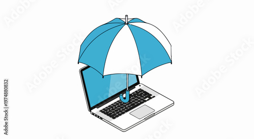 Cyber Security and Data Protection Concept: Laptop Under a Blue and White Umbrella for Digital Safety and Insurance