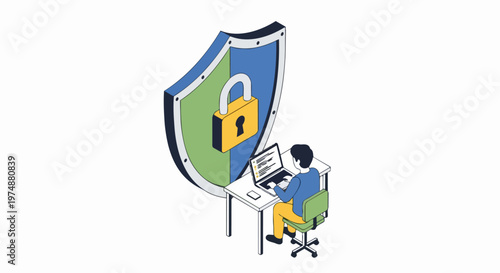 Isometric Cybersecurity Illustration: Professional Man Working on Laptop with Large Shield and Padlock for Data Protection, Digital Privacy, and Network Security Concept