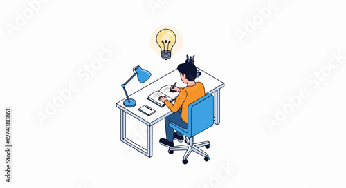Isometric Illustration of Man at Desk with Creative Idea Lightbulb